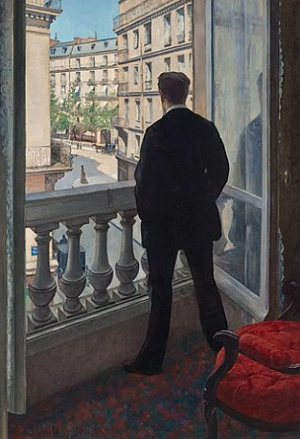 Pintura realista mostrando um jovem olhando pela janela