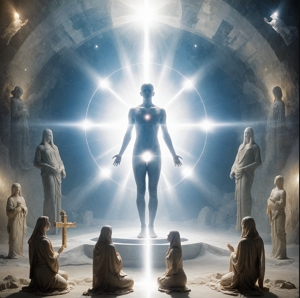 Imagem representando o antropocentrismo com uma figura humana no centro, cercada de imagens representando a religião em tamanho menor e ao redor.