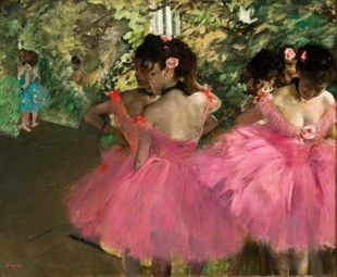 Pintura mostrando bailarinas de vestidos rosa