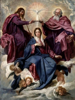 Pintura mostrando uma mulher sendo coroada por dois homens