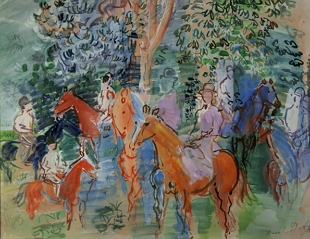 Pintura de pessoas em seus cavalos passeando por um local com árvores