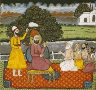 Ilustração mostrando o Guru Nanak explicando os fundamentos do Siquismo