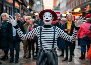 Imagem mostrando um mímico fazendo uma apresentação na rua.