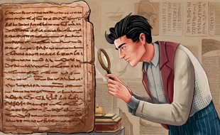 Ilustração de um paleógrafo analisando um texto antigo