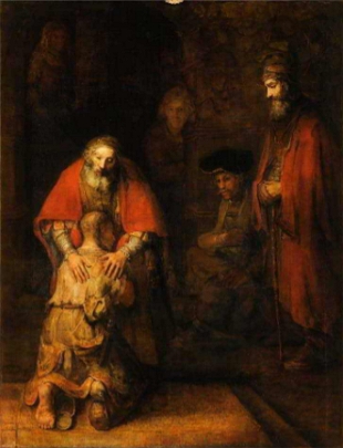Pintura retratando a passagem bíblica do retorno do filho pródigo.