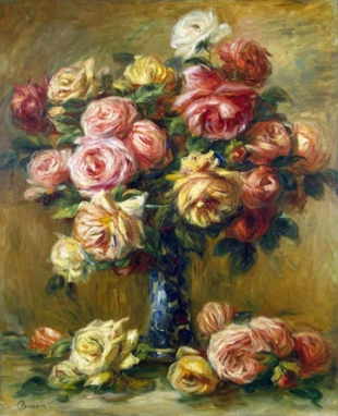 Pintura mostrando rosas coloridas em um vaso azul