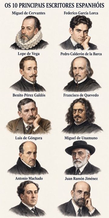 Ilustração com o rosto de 10 importantes escritores espanhóis Ilustração com o rosto de 10 importantes escritores espanhóis
