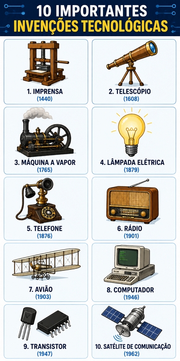 Infográfico com 10 importantes invenções tecnológicas da História Infográfico com 10 importantes invenções tecnológicas da História