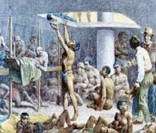 Escravos sendo transportados num navio negreiro no comércio triangular