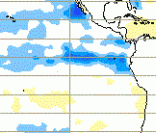 Mapa climático indicando esfriamento nas águas do Pacífico Equatorial (Fonte: CPTEC/INPE)