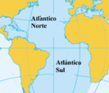 Mapa mostrando a localização do Oceano Atlântico.