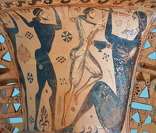 Pintura em ânfora: Odisseu e seus companheiros encantam os polifemos.