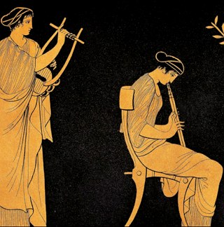 Imagem mostrando uma tocadora de harpa e uma flautista da Grécia Antiga