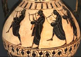 Imagem de vaso grego mostrando quatro músicos gregos tocando a cítara