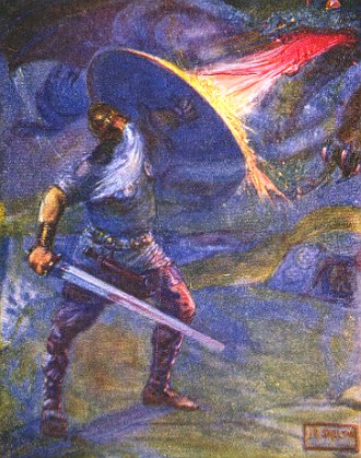 O Herói Beowulf com seu escudo e espada enfrentando o dragão.