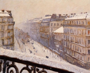 Boulevard Haussmann Pintura mostrando uma rua com prédios num dia de neve