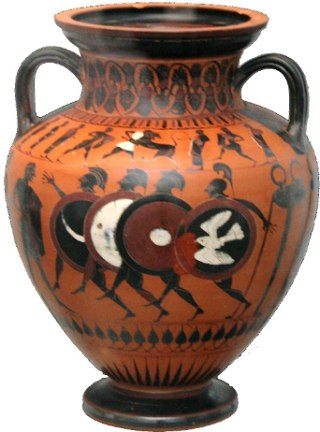 Vaso grego antigo com pintura de atletas com armas