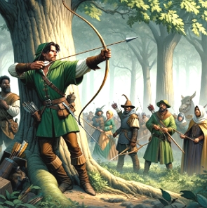 Ilustração mostrando um homem com um arco e flexa com outros homens por perto. Ele está numa floresta