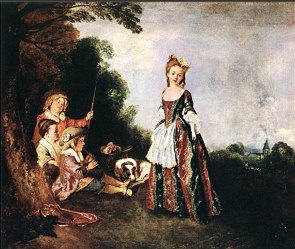 Pintura de crianças num bosque e uma mulher dançando