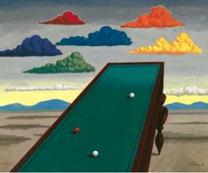 Pintura de uma mesa de bilhar inclinada e ao fundo nuvens coloridas