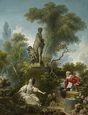 Pintura mostrando um homem e uma mulher num jardim com uma estátua ao fundo