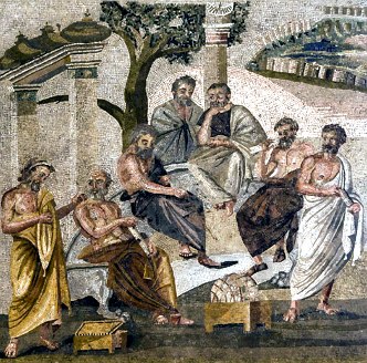 Mosaico romano mostrando a Academia de Platão em Atenas, com vários filósofos.
