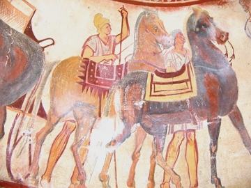 Pintura colorida de dois homens e dois cavalos