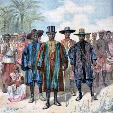 Neocolonialismo na África Pintura mostrando africanos usando roupas inglesas