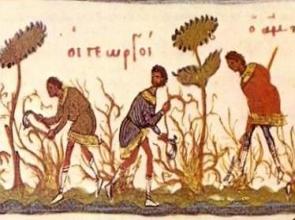 Pintura mostrando agricultores bizantinos trabalhando
