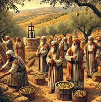 Ilustração mostrando agricultores hebreus colhendo azeitonas