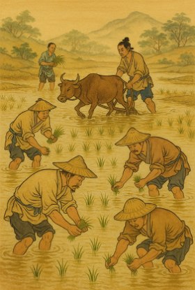 Ilustração mostrando camponeses trabalhando no cultivo de arroz na China Antiga