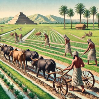 Figura ilustrativa de agricultores da Mesopotâmia cultivando a terra, usando arado puxado por bois.