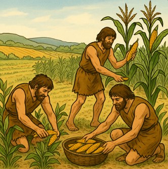 Ilustração mostrando três homens do neolítico colhendo milho.
