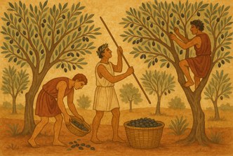 Ilustração mostrando agricultores romanos trabalhando na colheira de azeitonas