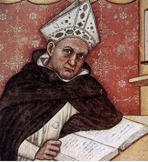 Pintura de um religioso sentado com um livro aberto sobre a mesa
