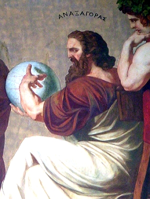 Pintura do filósofo Anaxágoras segurando um globo