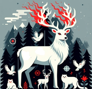 Ilustração de um veado branco, com olhos vermelhos com fogo saindo dos chifres