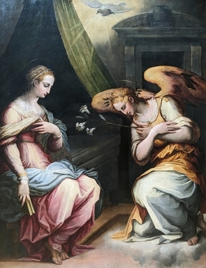 Pintura de um anjo ao lado de uma mulher