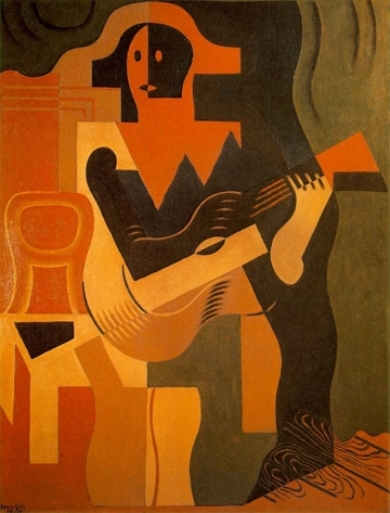 Arlequim sentado ao violão Pintura abstrata de um homem sentado com um violão. As cores da pintura são laranja, amarelo e marrom.