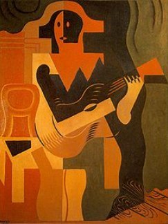 Pintura abstrata de um homem sentado com um violão. As cores da pintura são laranja, amarelo e marrom.