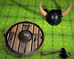 Armas vikings, capacete, escudo e machado