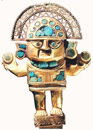 Estatueta de ouro e joias da arte Chimu