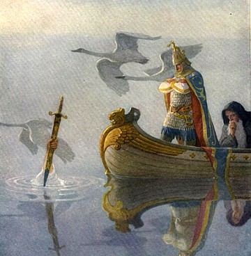Pintura mostrando o rei Arthur recebendo a espada Excalibur