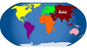 Mapa mundo com a Ásia no destaque