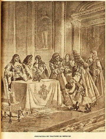 Ilustração de época mostrando a assinatura do Tratado de Methuen Ilustração de época mostrando a assinatura do Tratado de Methuen