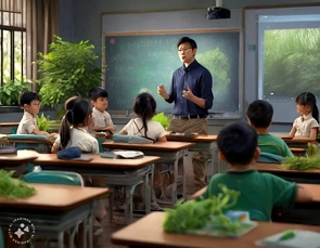 Ilustração de um professor dando aula sobre o meio ambiente para seus alunos