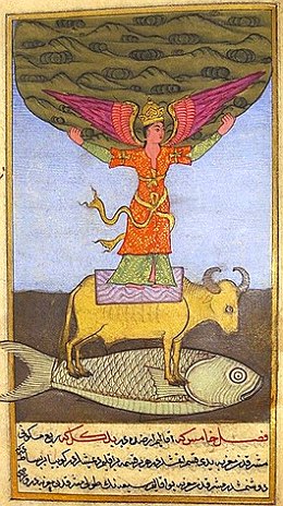 Ilustração mostrando o peixe Bahamut carregando em suas costas o touro gigante (Kuyuta), e na laje de jacinto verde está um anjo com terra.