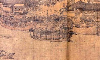 Pintura antiga mostrando barcos chineses usados no transporte de mercadorias