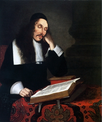 Baruch de Espinosa Retrato pintado de um homem branco, de cabelo preto e comprido, sentado e lendo um livro