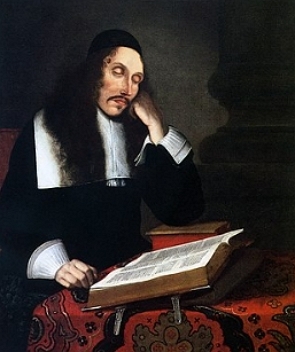 Retrato pintado de um homem branco, de cabelo preto e comprido, sentado e lendo um livro